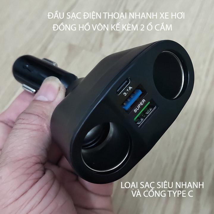 Đầu sạc điện thoại trên xe hơi đồng hồ vôn kế, sạc nhanh-siêu nhanh tùy chọn, có 02 ổ cắm điện xe hơi