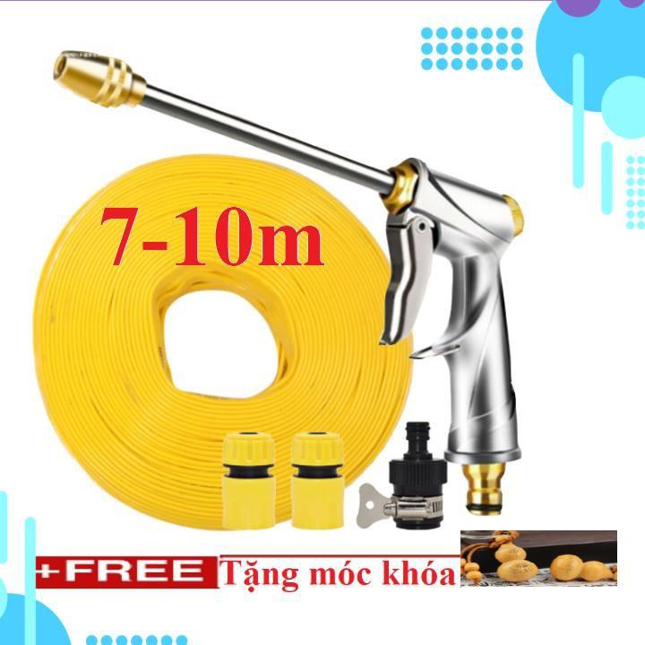 Bộ dây vòi xịt ️bơm nước phun sương️ , tăng áp 3 lần, loại 7m, 10m 206701-2 đầu đồng,cút,nối đen+ móc khoá