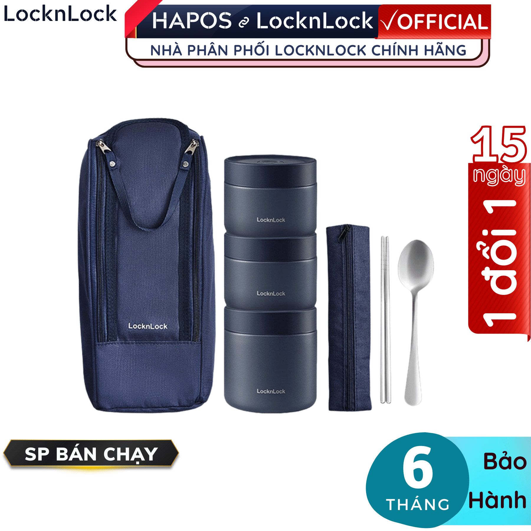 Bộ hộp cơm giữ nhiệt LocknLock Lunch Box LHC8052S01 3 hộp giữ nhiệt kèm túi, muỗng đũa màu xanh  - Hapos