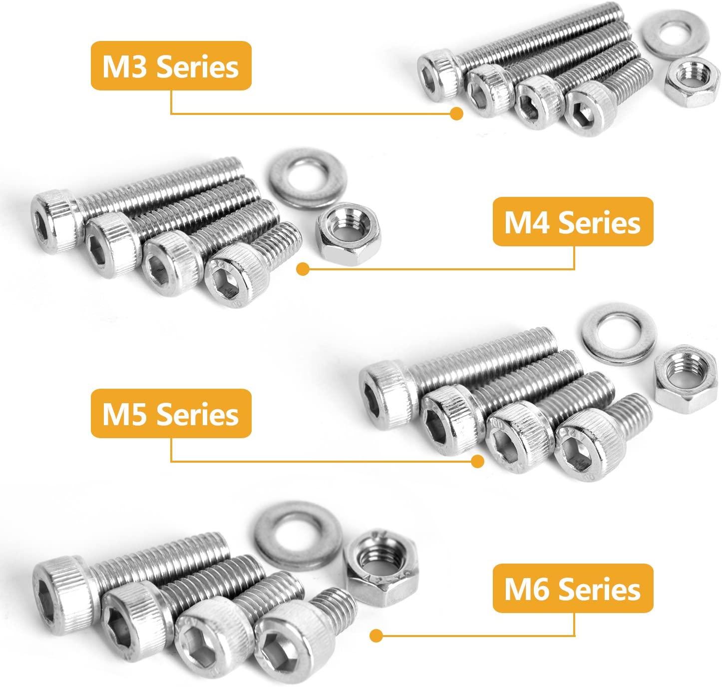 Bộ 520PCS M3 M4 M5 M6 Nút đầu bằng thép không gỉ Hex Ổ cắm Đầu cáp Bu lông Ốc vít có đai ốc