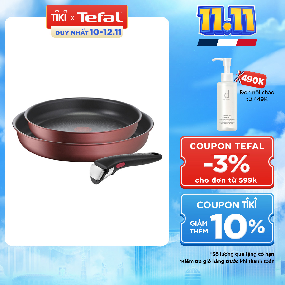 [Made in France] Bộ nồi chảo cán rời 3 món Tefal Ingenio Daily Chef (chảo chiên 22cm, chảo chiên 26cm, tay cầm rời) - Hàng chính hãng