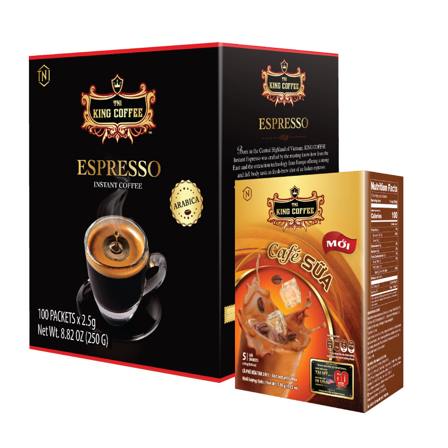 Combo 1 Cà Phê Hòa Tan Espresso KING COFFEE - Hộp 100 gói x 2.5g + Tặng 1 Cà Phê Sữa PLUS Hòa Tan 3in1 KING COFFEE - Hộp 10 gói x 20g