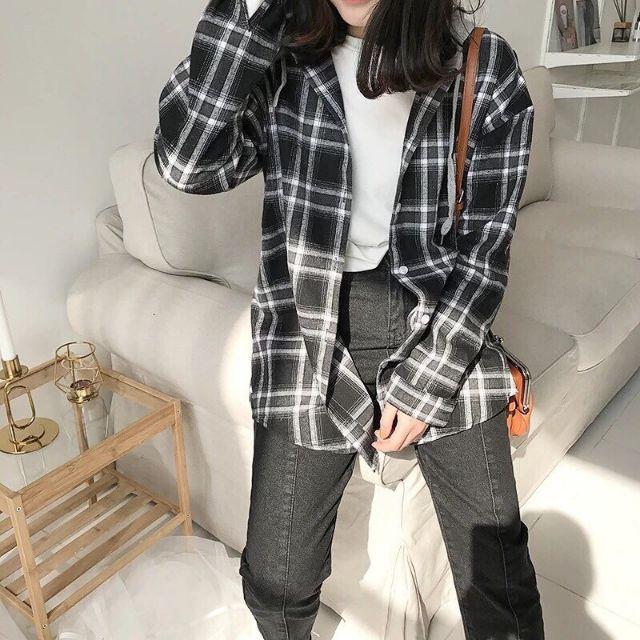 Áo khoác UNISEX kiểu dáng sơ mi sọc caro nhuyễn màu xanh