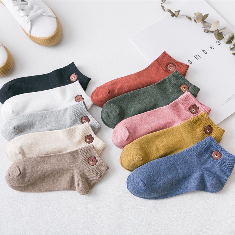 set 10 đôi Tất vớ nữ hoạ tiết gấu cotton co giãn thông hơi kháng khuẩn