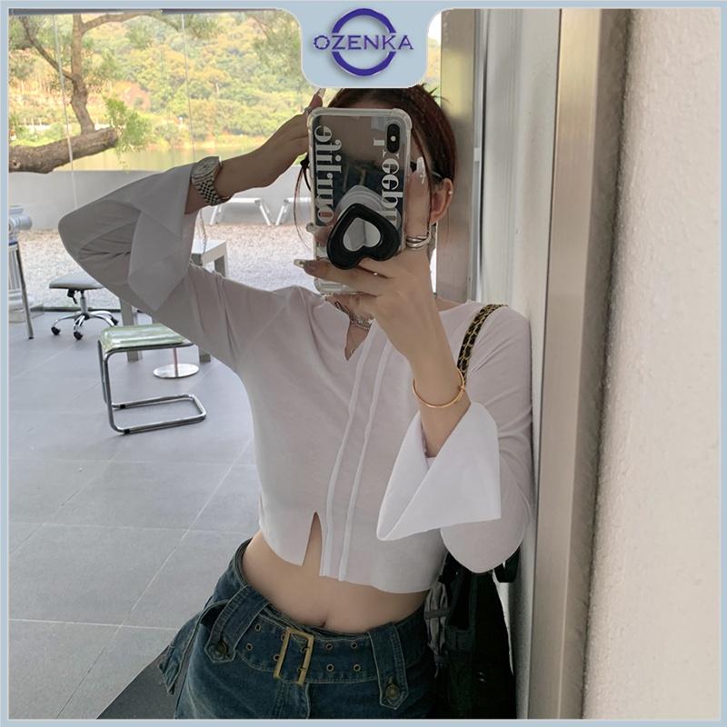 Áo croptop tay dài nữ sẻ gấu kiểu cổ rộng ozenka , áo crt thu đông thun cotton 100% màu đen trắng size dưới 55 kg