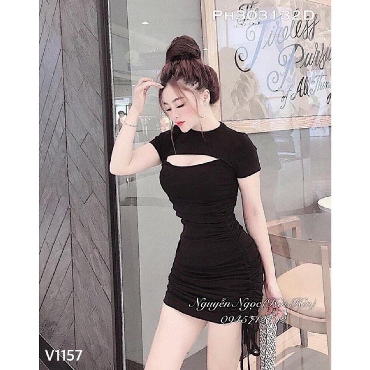 Đầm body khoét ngực dây rút 2 bên hông chất zip cotton cá tính aloha