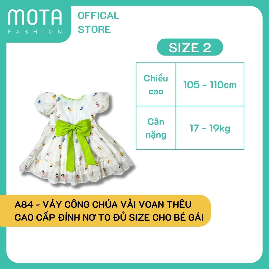 A84 Váy công chúa vải voan thêu cao cấp đính nơ to đủ size cho bé gái từ 15-32kg Mota Fashion - Hàng chính hãng