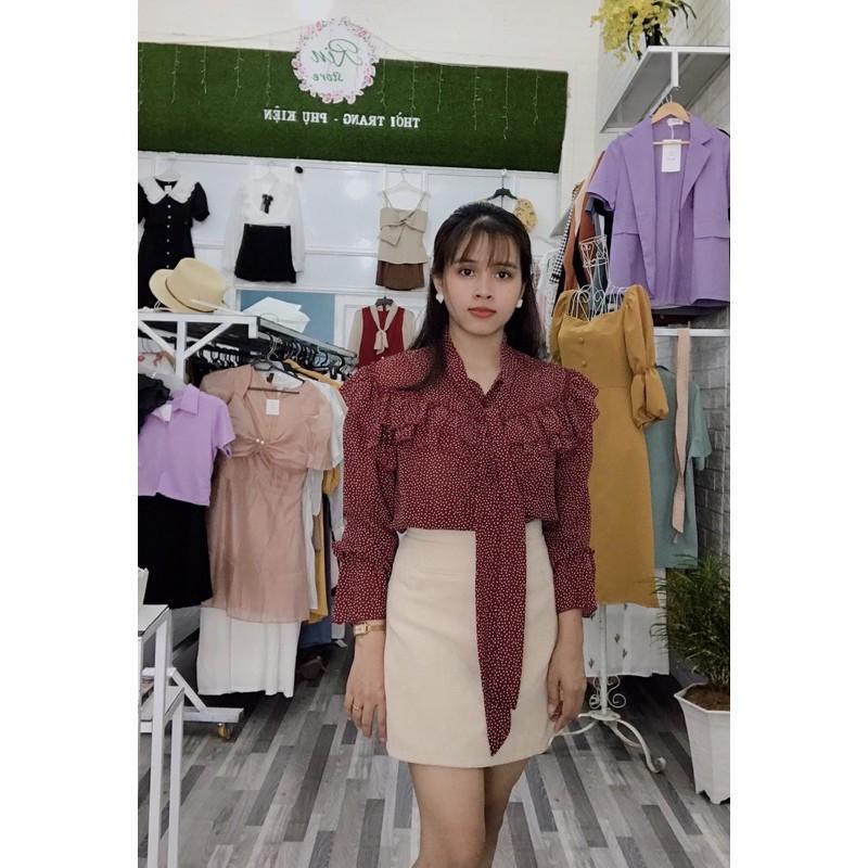 Sơ mi bèo cổ cột nơ hoạ tiết chấm bi