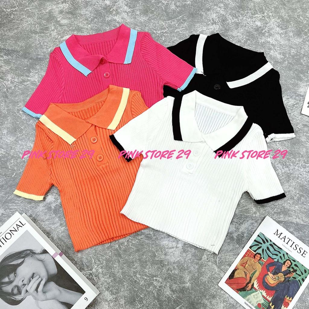 Áo Croptop Ôm Body Tay Ngắn PINKSTORE29, Dáng Polo Cổ Bẻ Len Gân A5412