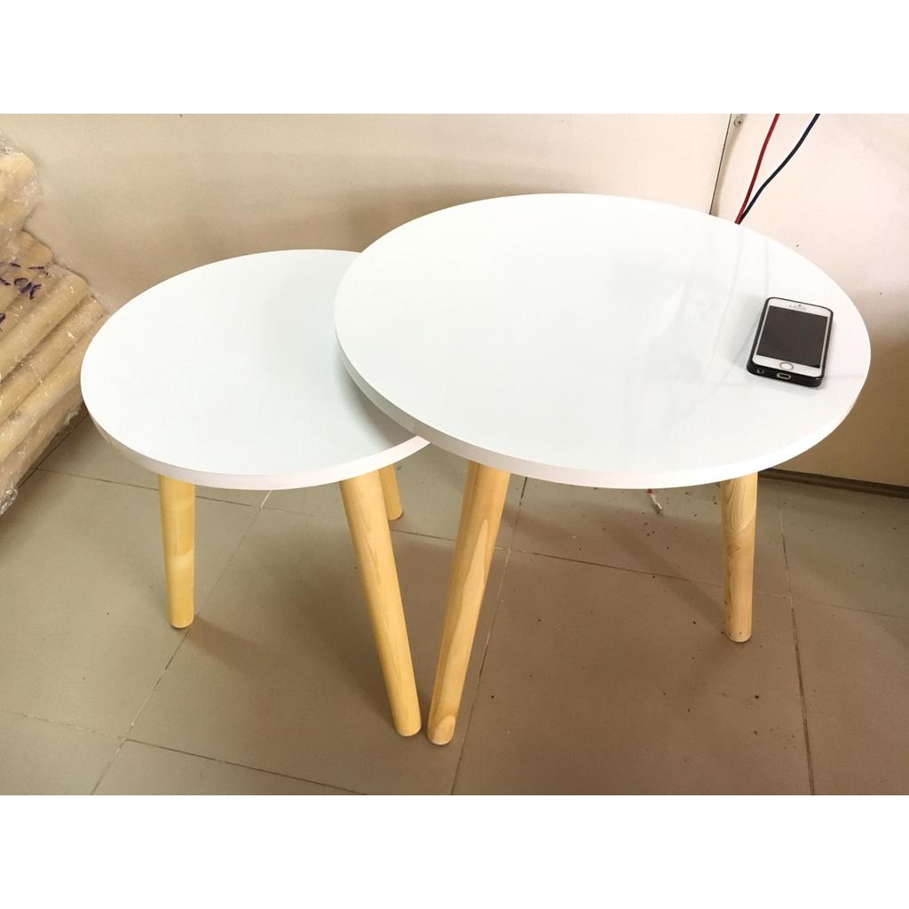 Combo 2 Bàn trà sofa mặt tròn hiện đại chân gỗ tự nhiên