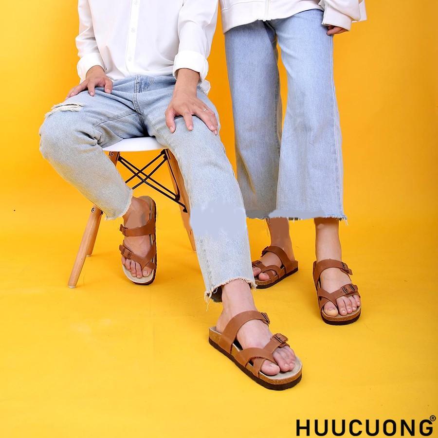 Dép unisex HuuCuong xỏ ngón da bò nâu đế trấu