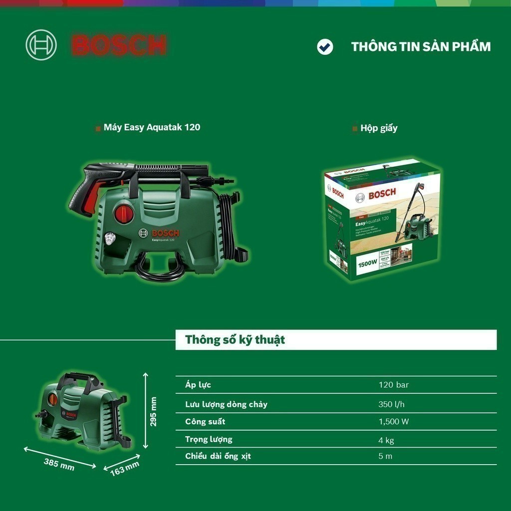 Máy phun xịt rửa Bosch Easy Aquatak 120 kèm Súng ngắn xoay 360 áp lực cao Bosch và Ống nước nối dài Bosch 6m