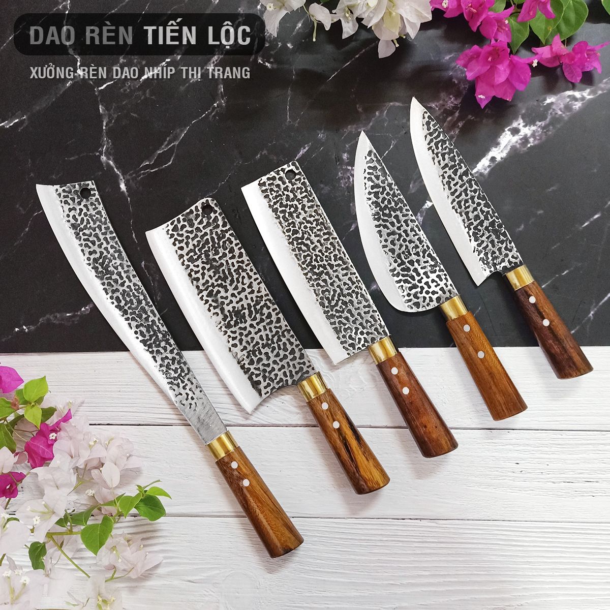 Bộ Dao Nhà Bếp Thép Nhíp Cao Cấp - 5 Dao Chặt Cây, Chặt Xương, Thái Lọc Thịt - Cán Gỗ Cẩm