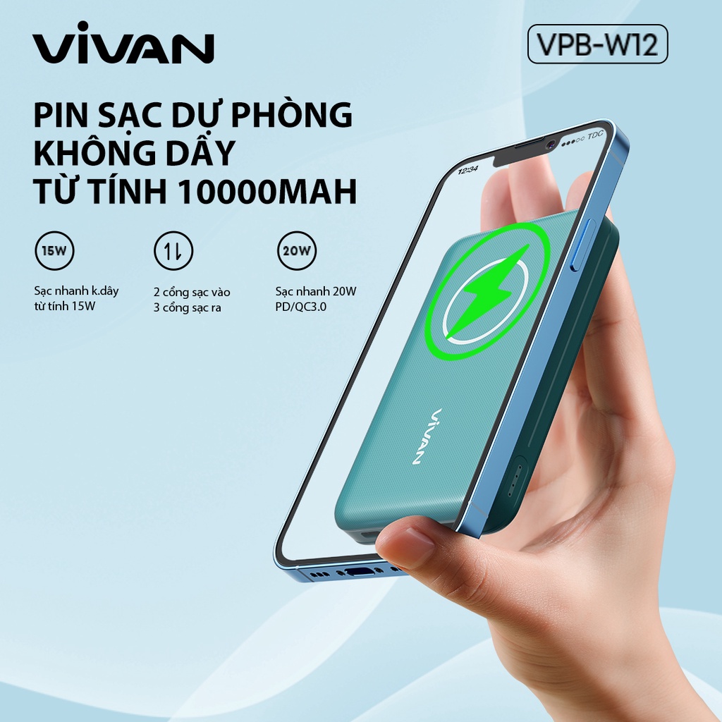 Pin Dự Phòng Không Dây Từ Tính 10000 mAh VIVAN VPB-W12 Sạc Nhanh Q.C 3.0 PD 2 Cổng Sạc Ra TypeC & USB - Hàng Chính hãng