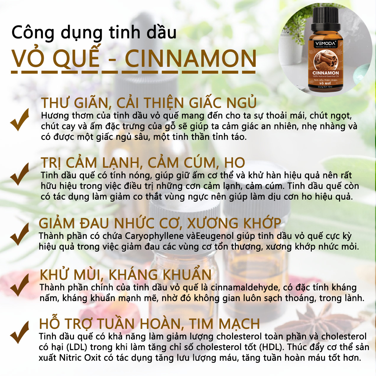 Tinh dầu Vỏ quế nguyên chất Vemoda 10ML giúp cải thiện giấc ngủ, trị cảm lạnh, giảm đau nhức, giảm mỡ bụng hiệu quả