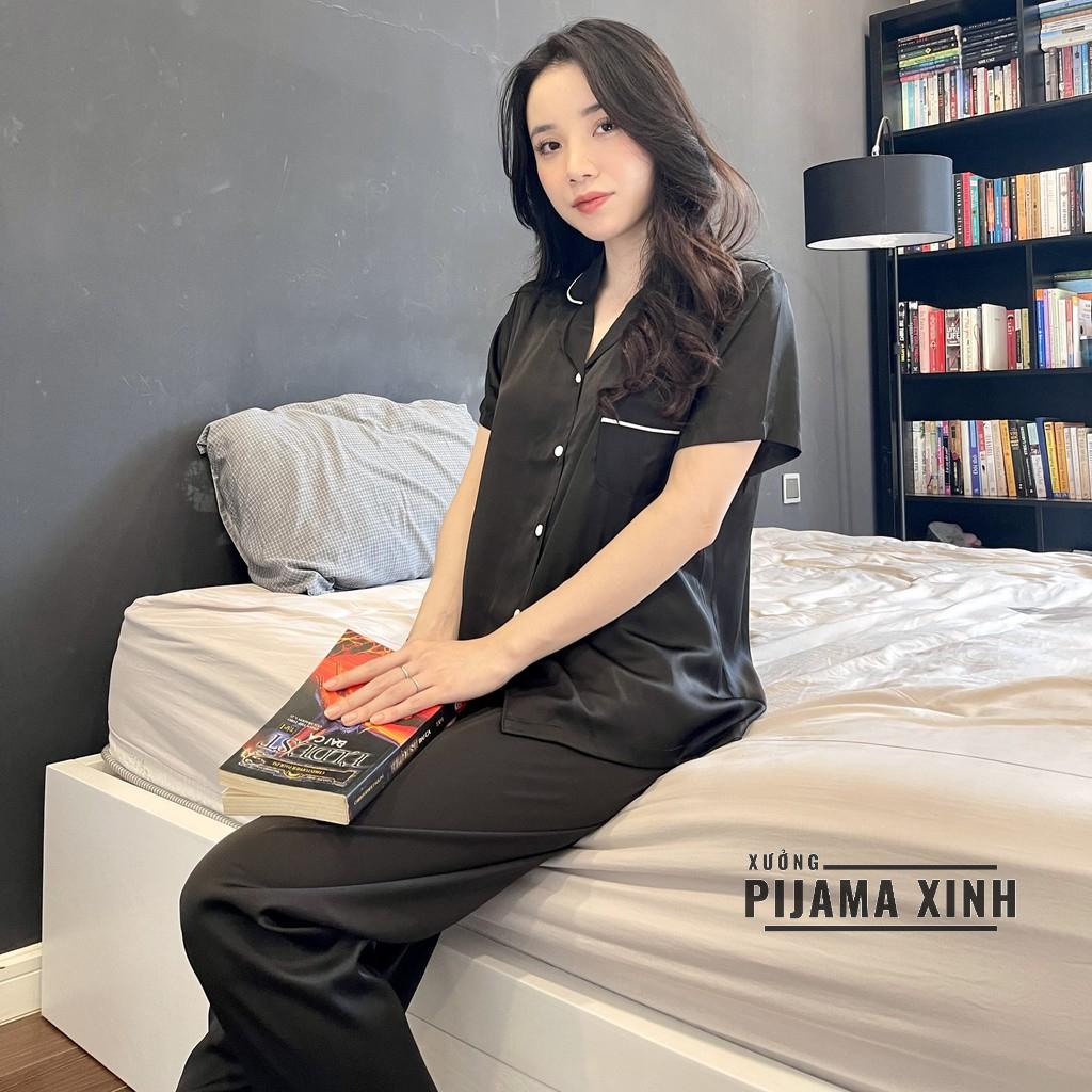 Pyjama lụa trơn - Chất Latin trơn màu đen Cao cấp Chất đẹp Đường may chuẩn, Bộ cộc quần ngắn