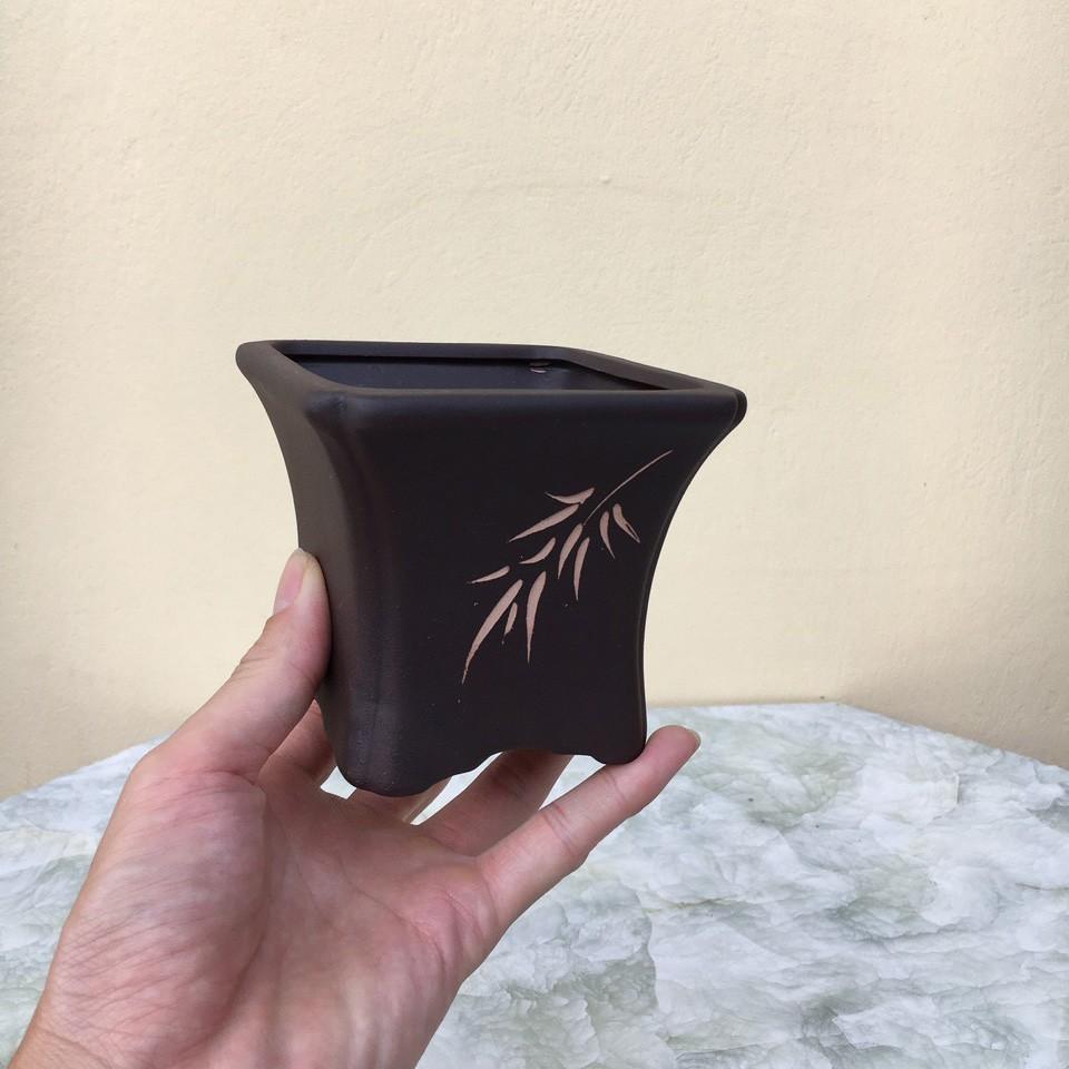 Chậu bonsai Vuông khắc mini đất nung gốm Bát tràng 1 size BM-101