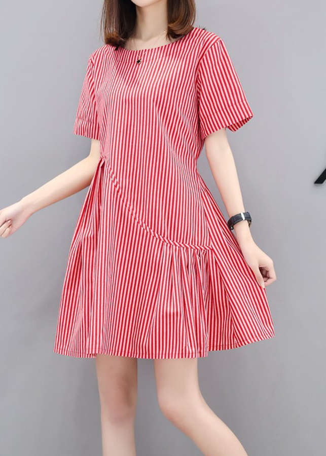 Đầm xòe cổ tròn kẻ sọc xếp li điệu đà-DS69