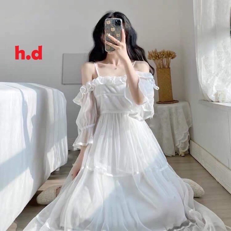 Váy Trắng 2 dây trễ vai bèo ngực dáng dài Đầm babydoll đi biển du lịch dự tiệc