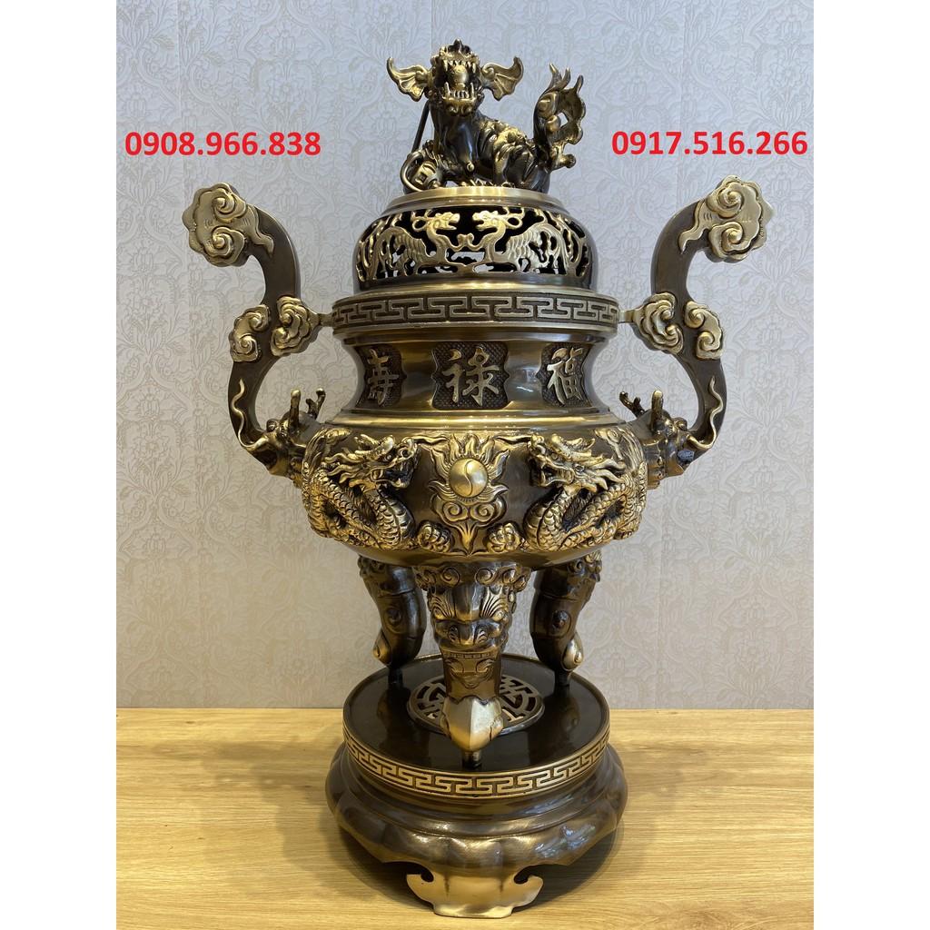 BỘ TAM SỰ SONG LONG CHẦU NGUYỆT 60CM ĐỒNG VÀNG HUN GIẢ CỔ
