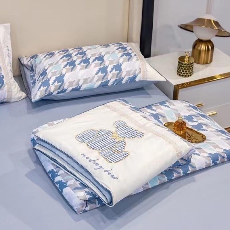 Bộ Chăn Ga Gối Lụa Phi Thêu Gấu teddy Hàng Nhập Khẩu Cao Cấp 4 món