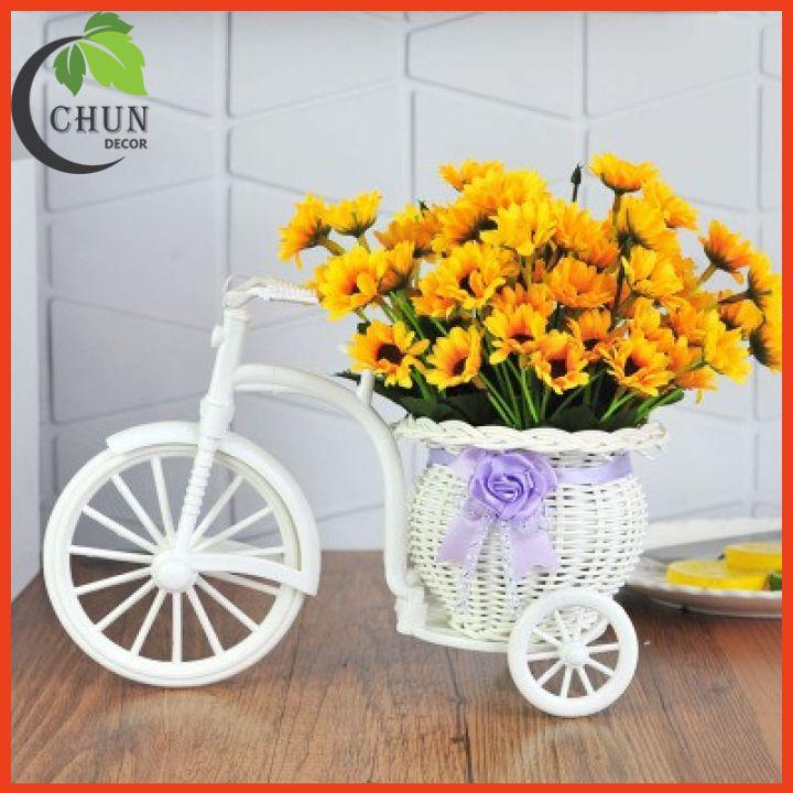 Hoa giả - Giỏ xe đạp hoa lụa nhiều mẫu cao 22cm để bàn,kệ tủ trang trí nhà cửa