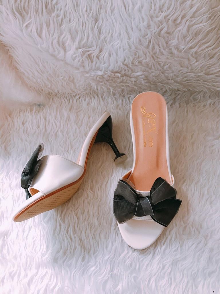 Guốc Cao Gót ly 7p nơ lưới hở mũi
