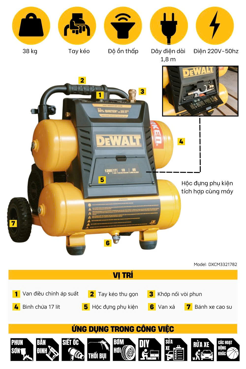 Máy nén khí không dầu 17L DeWALT DXCM3321782 - Hàng chính hãng