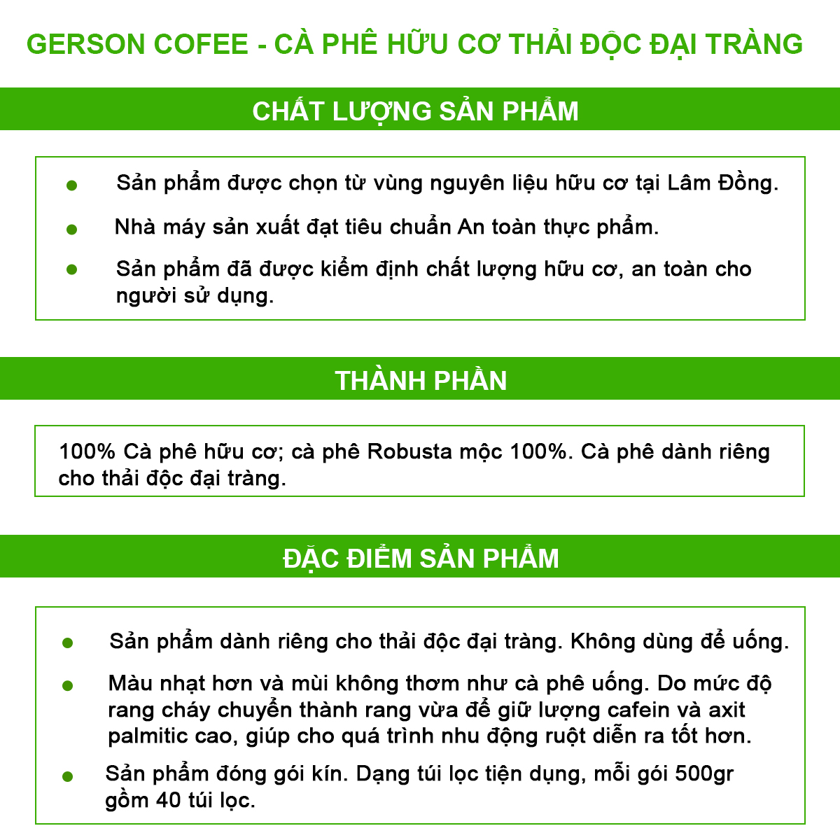 Cà phê thải độc đại tràng enema, cà phê hữu cơ thải độc túi lọc (Gói 500gr gồm 40 túi lọc); dùng cho thải độc đại tràng, gan, đẹp da...