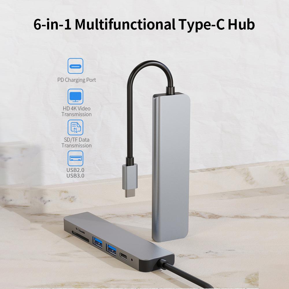 6-in-1 Type-C Hub Aluminum Alloy Type-C Converter with HD USB2.0 USB3.0 PD Ports TF SD Card Slots Plug and Play