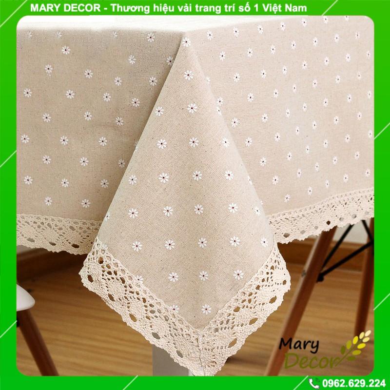 Khăn trải bàn tròn, chữ nhật, oval vải bố linen trang trí nhà cửa giá tốt - Hoa cúc trắng KB-I02