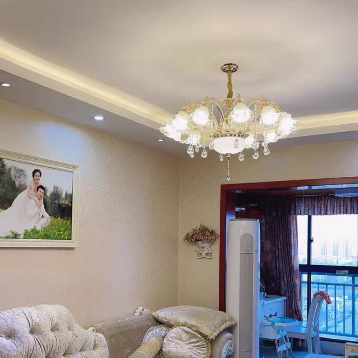 Đèn chùm trang trí Phòng khách - Nhà hàng, Đèn trần chao thủy tinh Cao Cấp, Khung hợp kim mạ vàng, Mã 8003