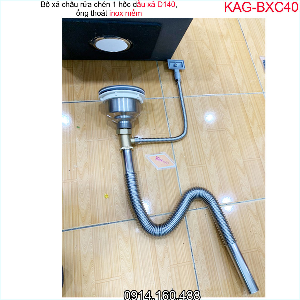 Bộ xả chậu rửa chén 1 hố inox 304 KAG-BXC40 chậu lỗ thoát D140, bộ ống thoát bồn rửa bát 1 hộc to chất liệu SUS304 siêu bền thoát nước nhanh sử dụng tốt