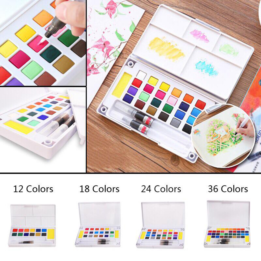 Bộ Màu Nước  Water Color Cao Cấp 12/18/24/36 Màu Tặng 2 Bút Nước, 2 Mút, 1 Palette