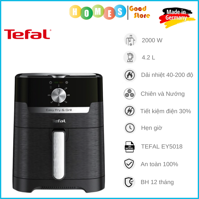 Nồi Chiên Không Dầu Kiêm Lò Nướng TEFAL EY5018 Easy Fry &amp; Grill XL Classic, Nhập Khẩu Đức Dung Tích 4.2L, Công Suất 2000W - Hàng Nhập Khẩu