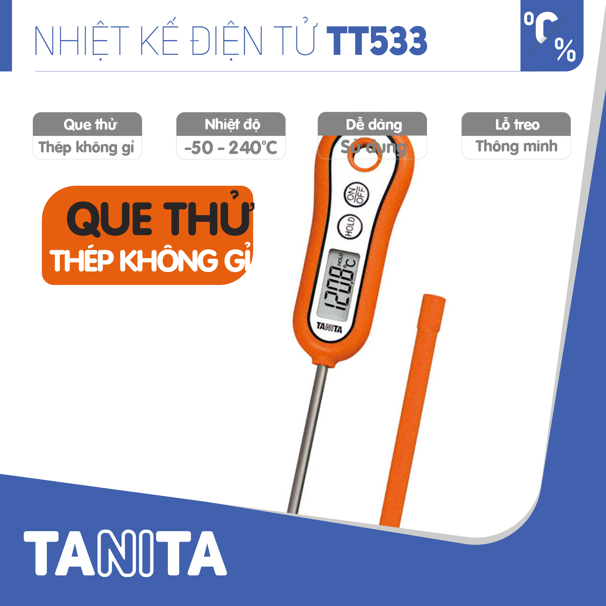 Nhiệt kế đo thực phẩm TANITA TT533,Nhiệt kế đo sữa,Nhiệt kế đo nhiệt độ sữa của bé,Nhiệt kế đo nước,Que đo pha sữa,Que đo cafe