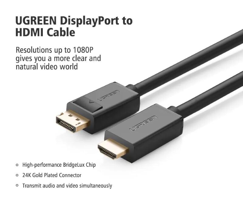 Ugreen UG10239DP101TK 1.5M Màu Đen Cáp chuyển đổi Displayport sang HDMI thuần đồng - HÀNG CHÍNH HÃNG