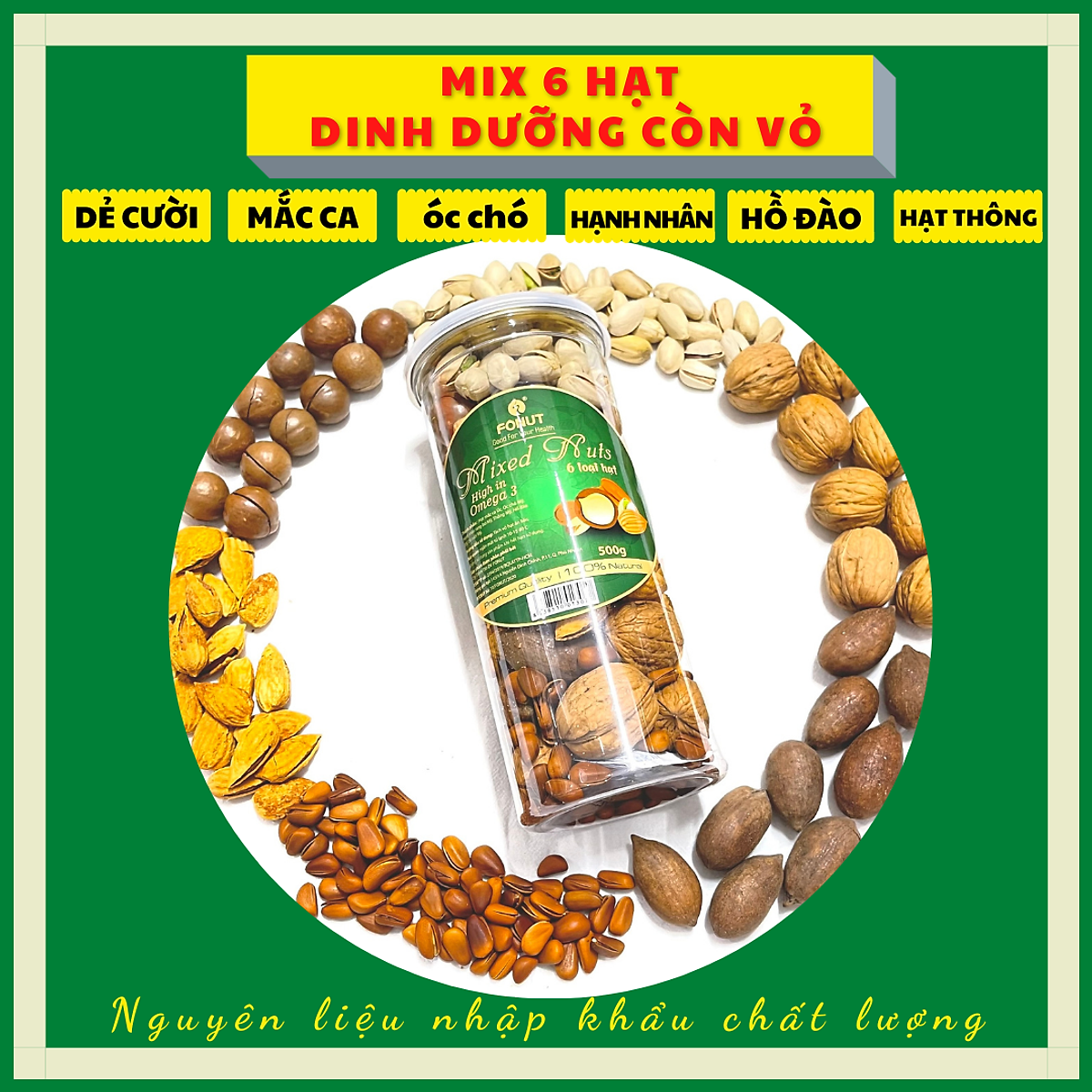 Mixed nuts 6 loại hạt dinh dưỡng Macca, Óc Chó, Hạnh Nhân, Hạt Hồ Đào, Hat Dẻ Cười, Hạt Thông (hũ 500gr)