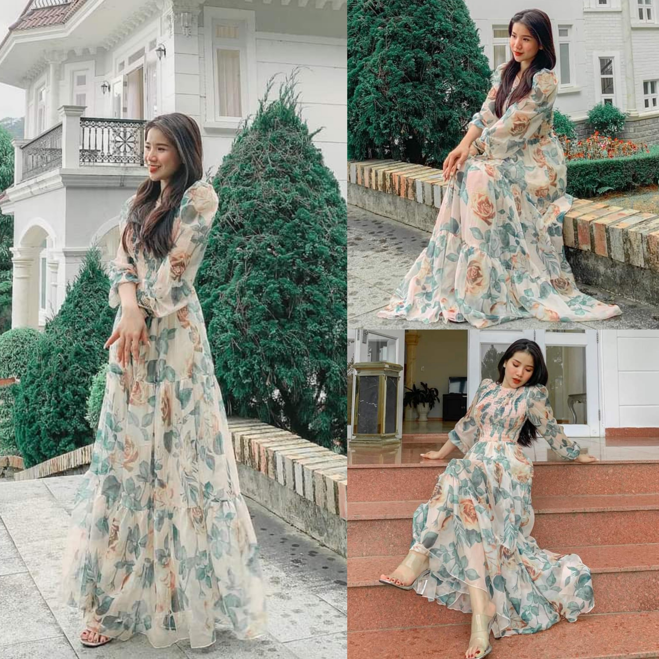 Đầm Maxi Hoa Xoè Xinh Xắn Hàng Thiết Kế Tay Dài Bo Phồng Tay