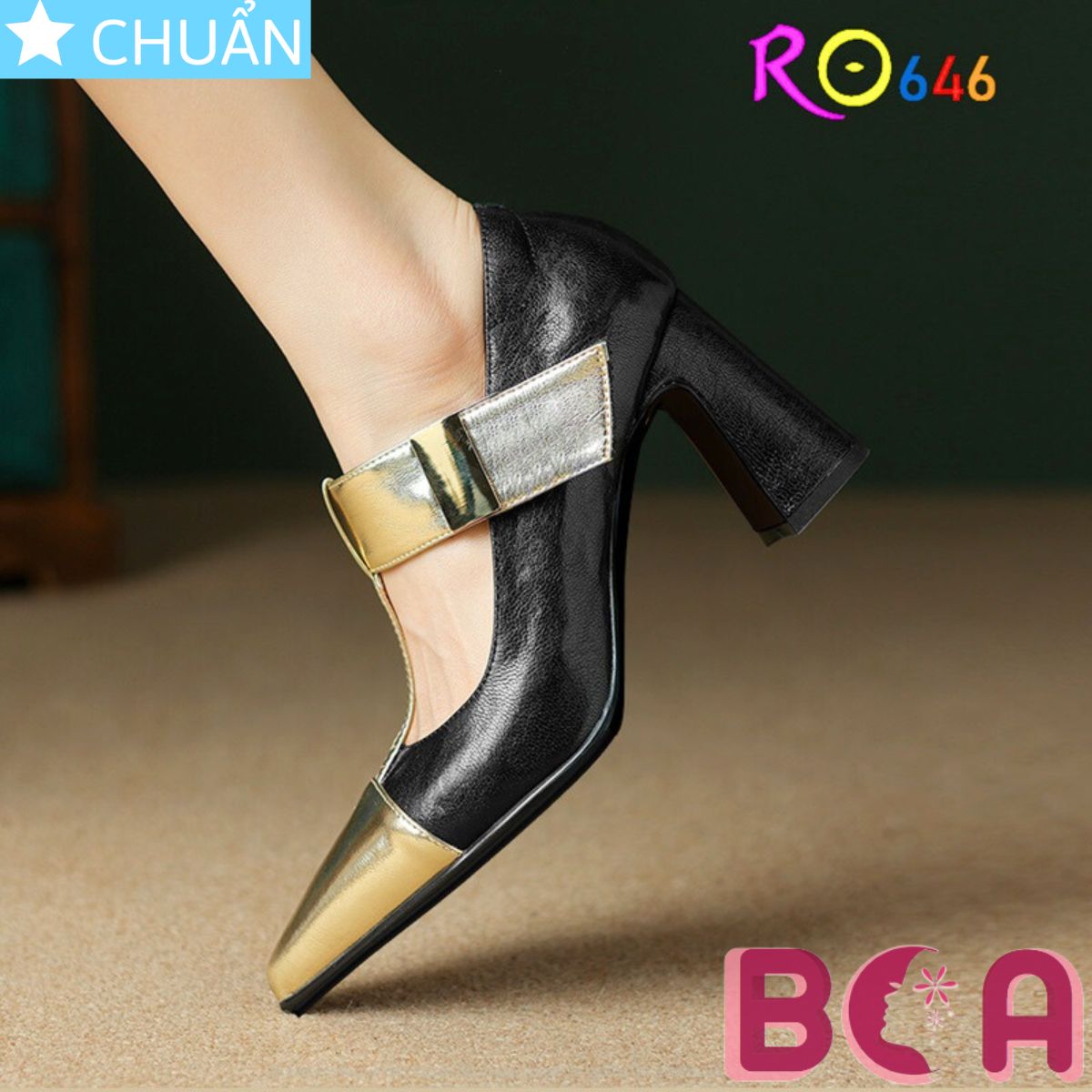 Giày nữ bít mũi gót vuông cao 7 phân RO646 ROSATA tại BCASHOP phối màu sang trọng giữa đen và vàng đồng, quai dán