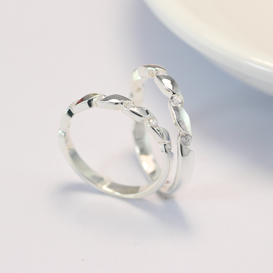 Nhẫn đôi bạc đính đá cách điệu ND0366
