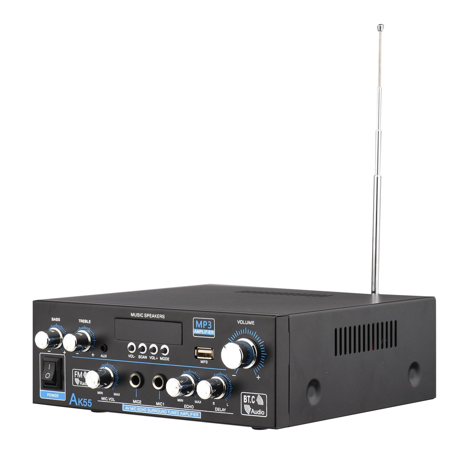 AK-55 Audio Power Amplifier Home Car Karaoke Amplifier Digital Audio PA Receiver 2 Microphone Input with Remote Control