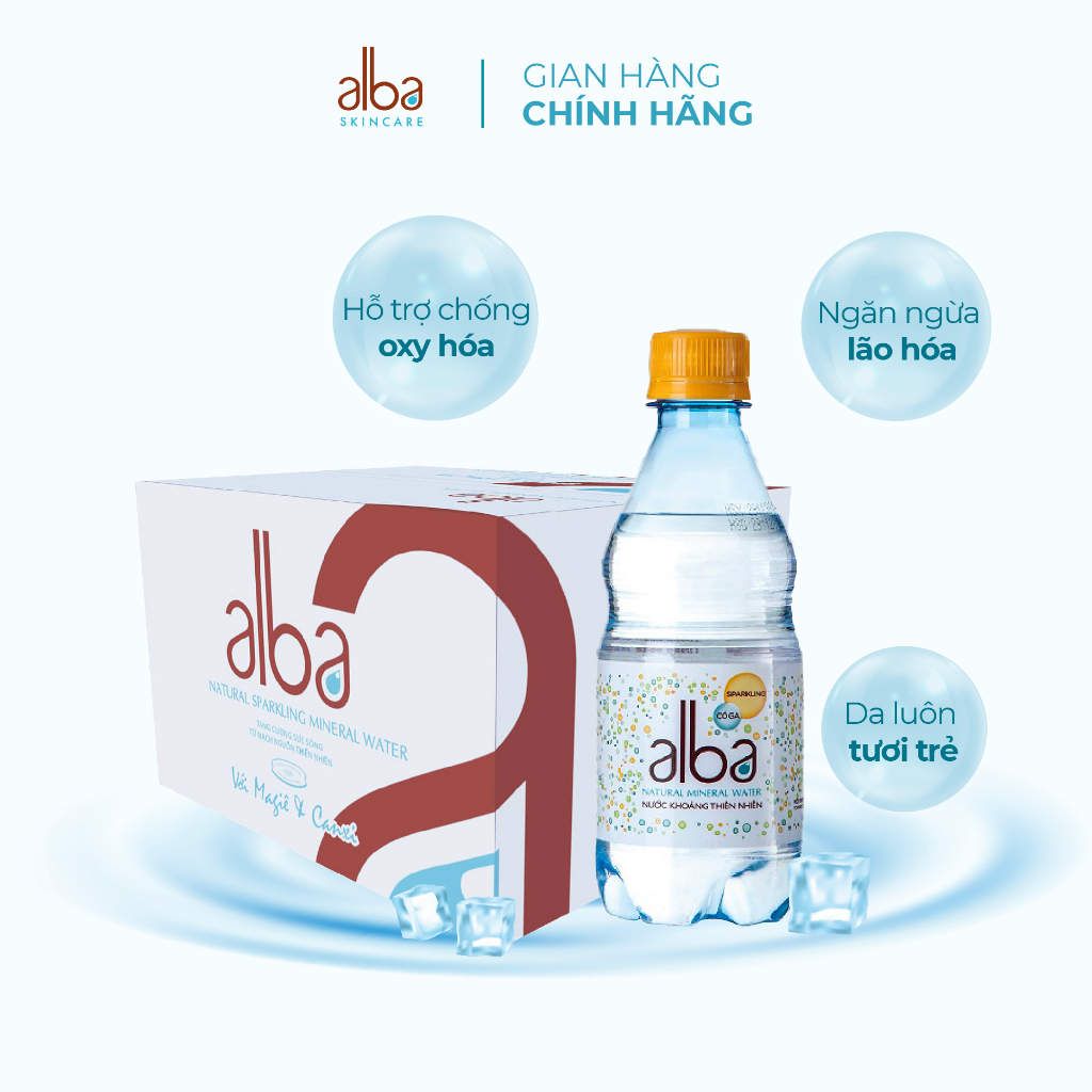 Thùng 24 chai nước khoáng thiên nhiên có ga Alba giàu Canxi Magie tăng sức đề kháng cho cơ thể 350ml
