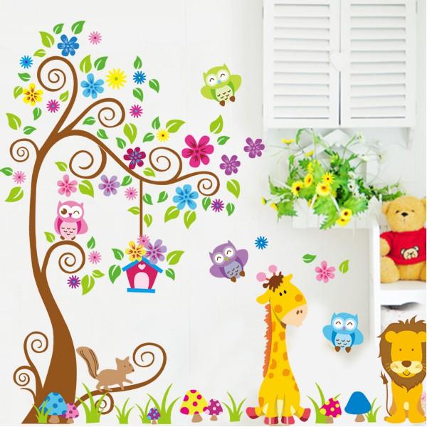 Decal trang trí tường - Cây hoa văn và thú sắc màu 03