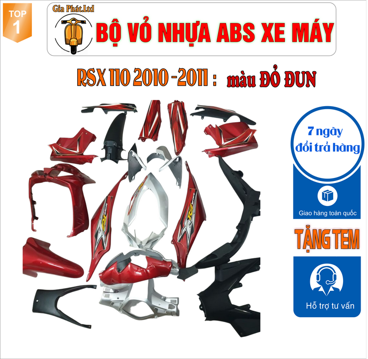 [TẶNG TEM] Dàn áo xe WAVE RSX 110 nhựa nguyên sinh ABS cao cấp màu ĐỎ ĐUN năm 2010-2011  -TKB-547-817