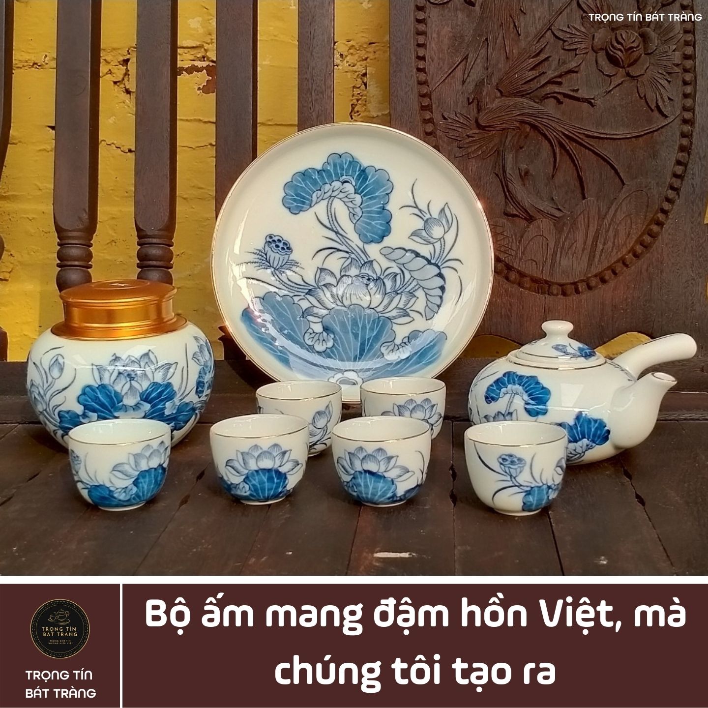 Bộ Ấm Chén Trà Đạo Gốm Trắng Men Lam Bát Tràng Hoa Sen Vẽ Vàng Dáng Đường Vũ Dung Tích 320ml (Bộ Ấm Chén) ATA 26