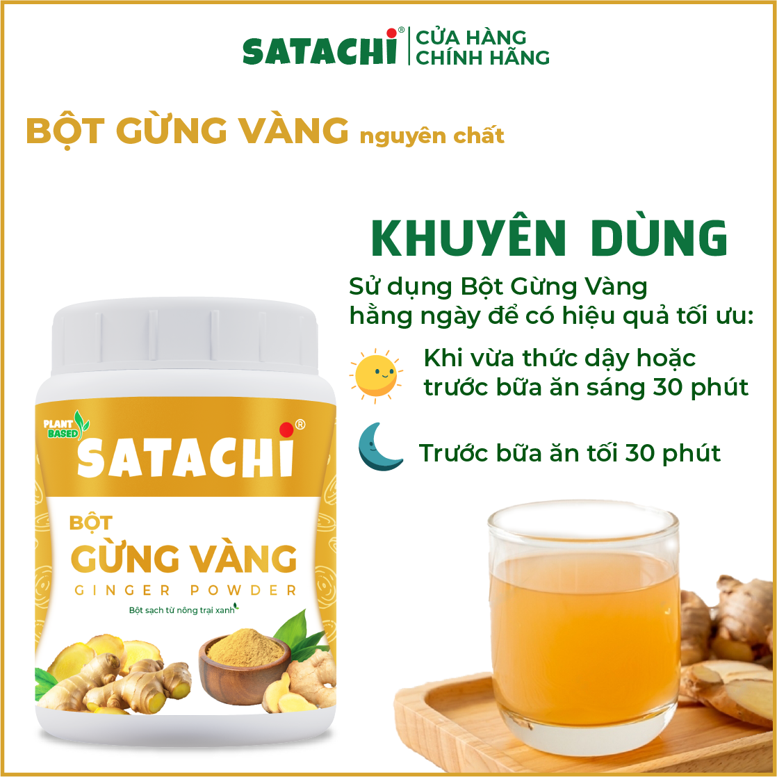 Bột Gừng Vàng SATACHI nguyên chất. Hỗ trợ điều trị khó tiêu mãn tính, giảm đau cơ bắp, giảm viêm, giảm cân. Hộp 98g và 318g