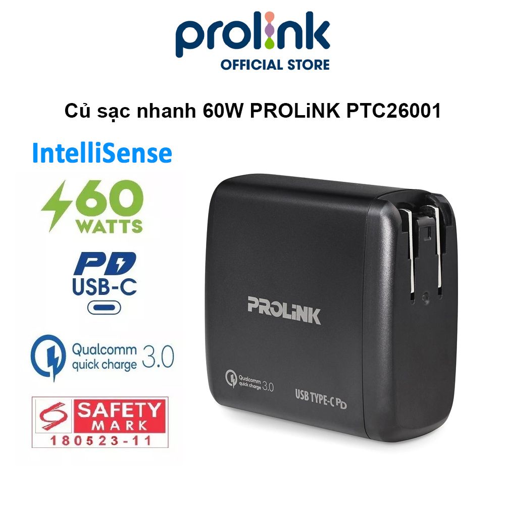 Củ sạc nhanh 60W PROLiNK PTC26001, 2 cổng USB-A QC 3.0 & USB-C PD 3.0, IntelliSense, dùng cho điện thoại, iPad, Laptop - Hàng chính hãng