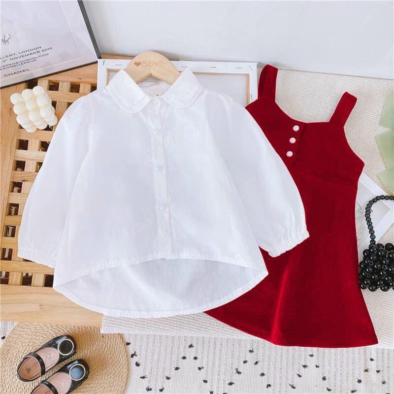 SET ÁO SƠ MI TRẮNG MIX YẾM NHUNG ĐỎ BÉ GÁI SETN297
