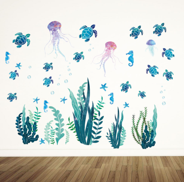 Decal trang trí tường - Rùa xanh , Bạch Tuộc , Và Cá